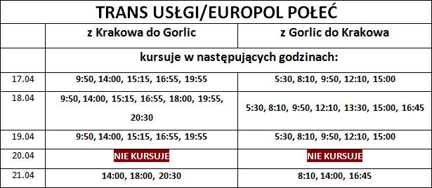 Rozkłady jazdy Gorlice - Kraków TRANS USŁUGI/EUROPOL POŁEĆ- Wielkanoc 2014
