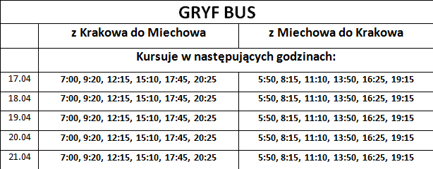 Rozkłady jazdy Miechów - Kraków GRYF BUS - Wielkanoc 2014