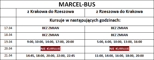 Rozkłady jazdy Rzeszów - Kraków MARCEL-BUS - Wielkanoc 2014