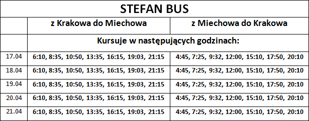 Rozkłady jazdy Miechów - Kraków STEFAN BUS - Wielkanoc 2014